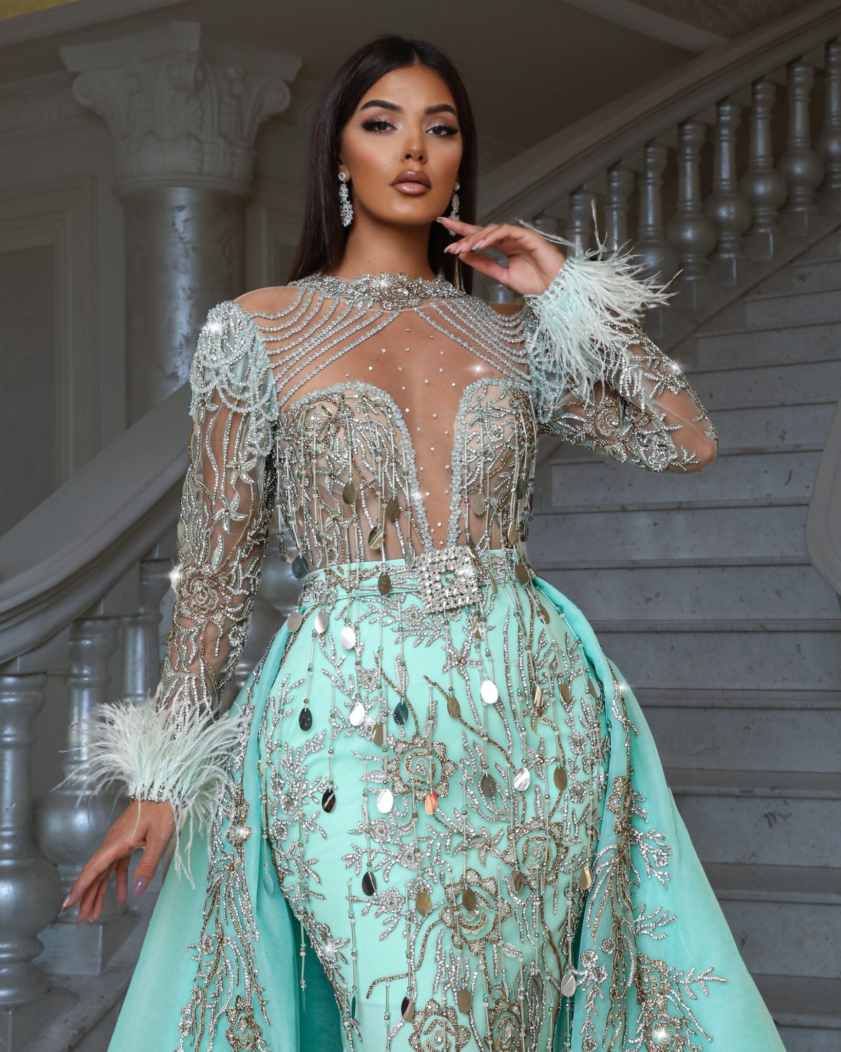 FeathersHigh NeckLong DressWomen - Blini Fashion House