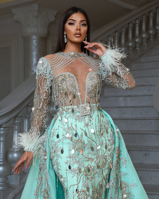 FeathersHigh NeckLong DressWomen - Blini Fashion House