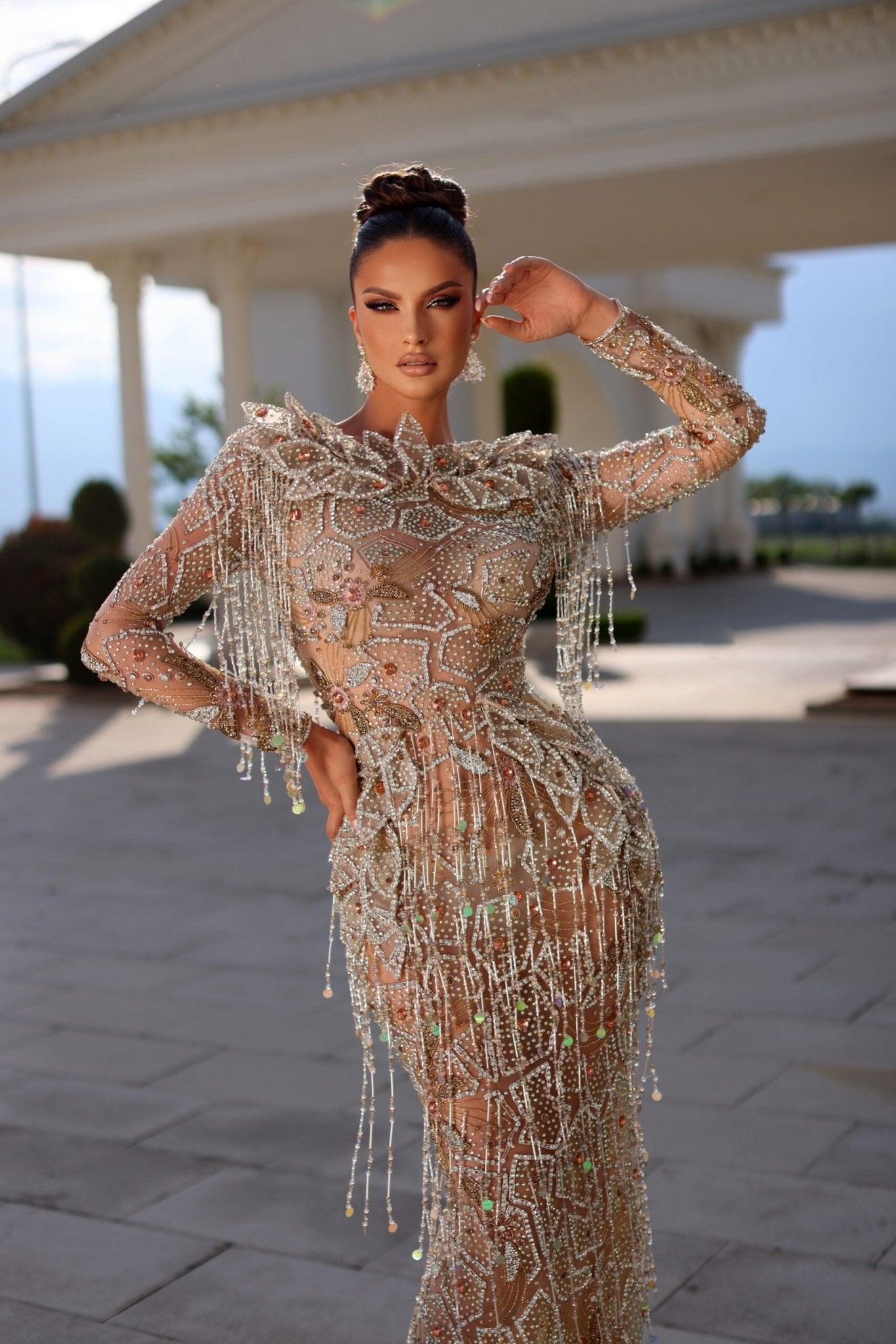 Silver dress with intricate embellishments