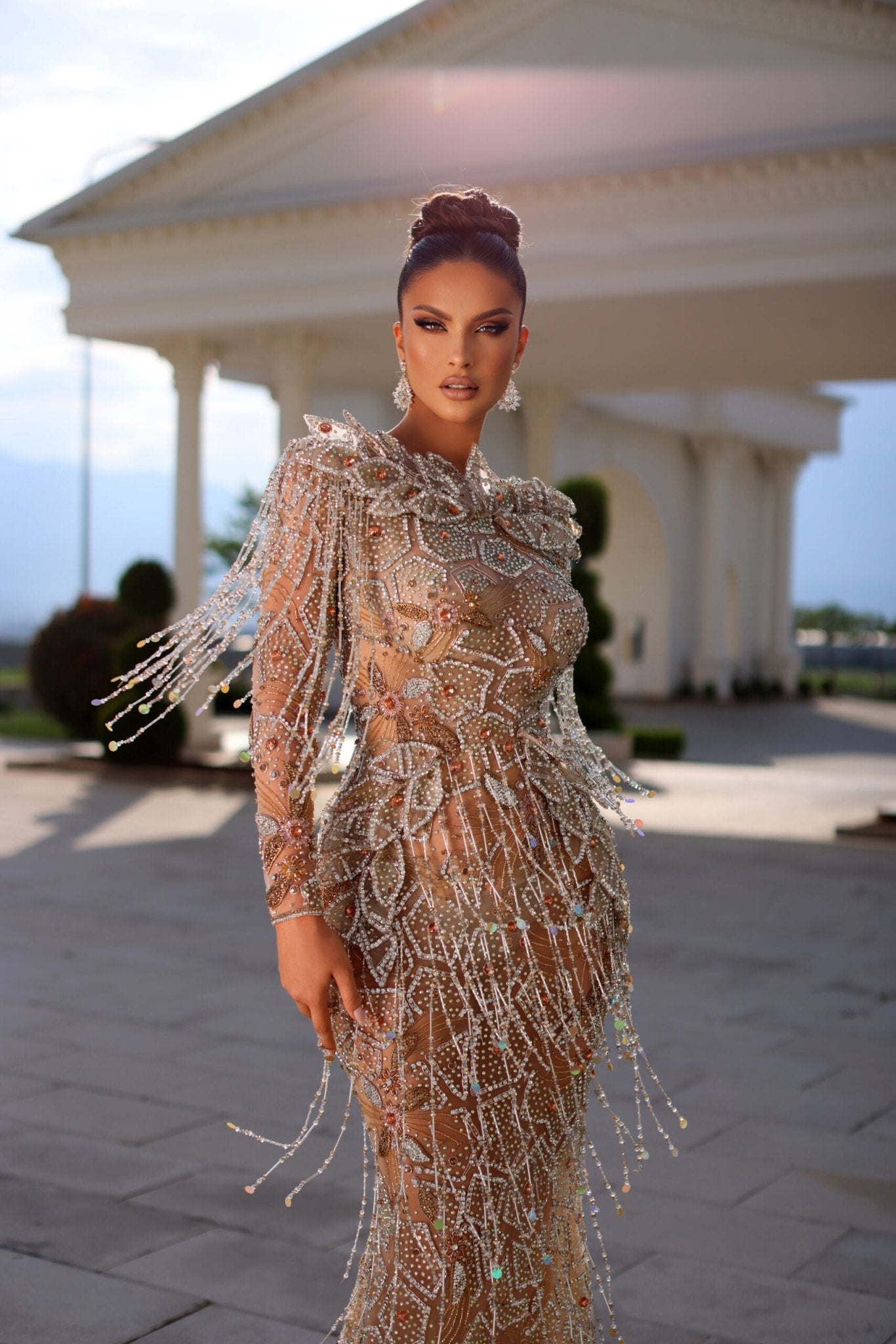 Chic silver dress featuring intricate adornments