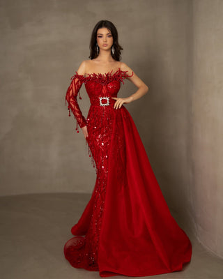 Red lace one-shoulder dress