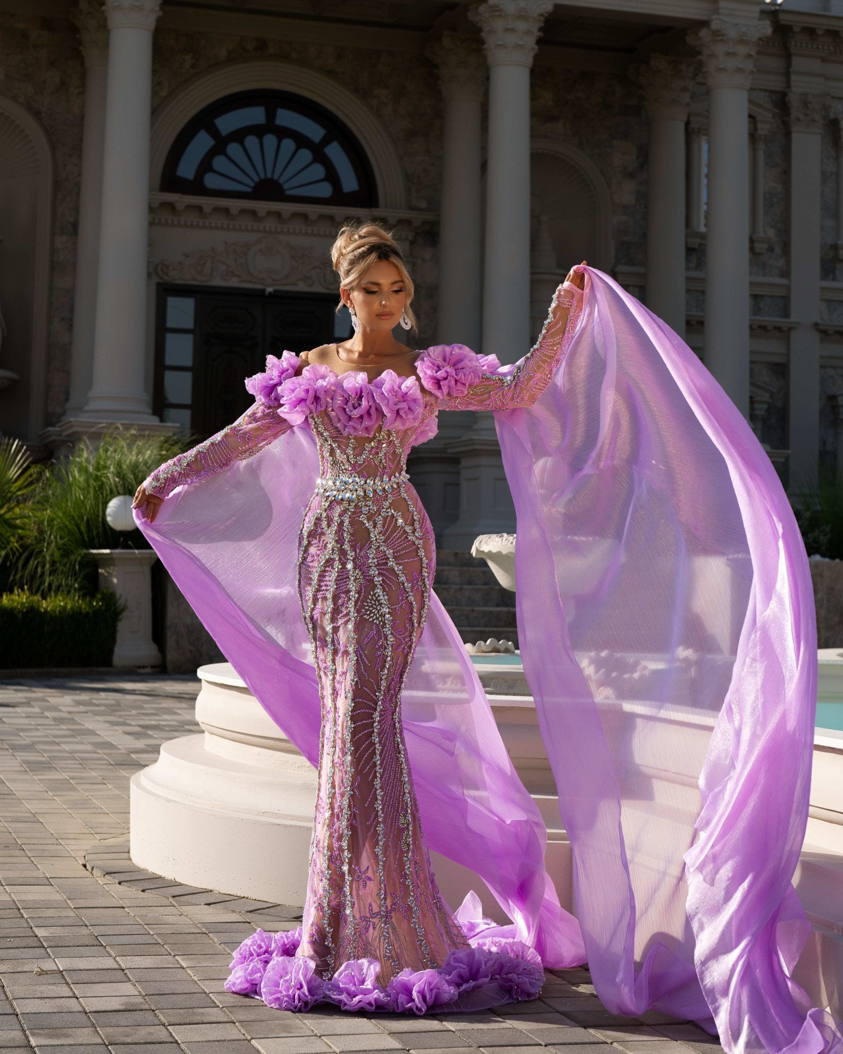 Glamorous Stones Embellished Kai Side Cape Dress for Special Occasions