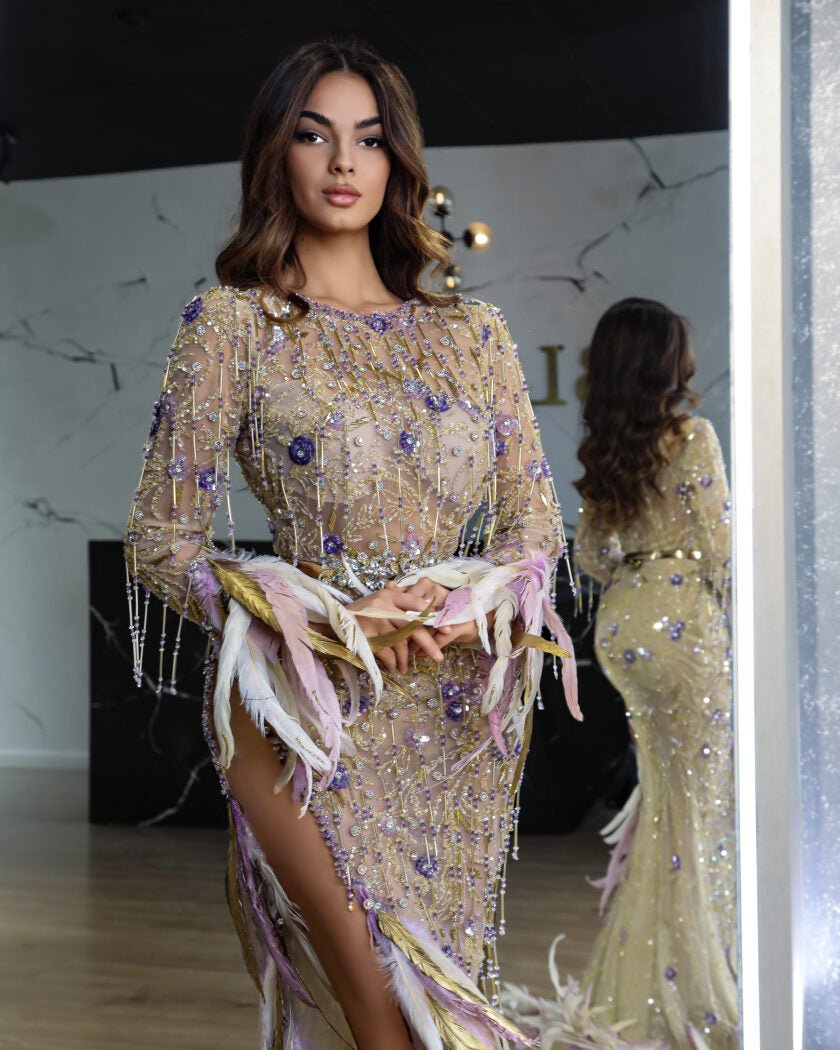 Deep SlitFeathersLong DressWomen - Blini Fashion House