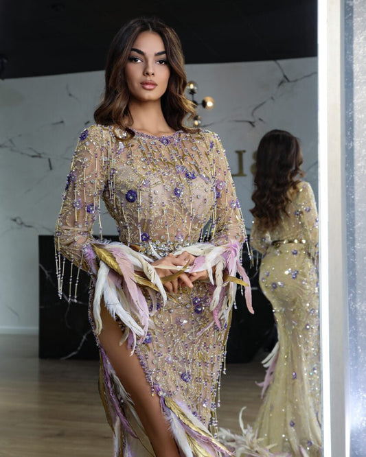 Deep SlitFeathersLong DressWomen - Blini Fashion House