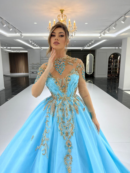 BlueHigh NeckLong DressWomen - Blini Fashion House