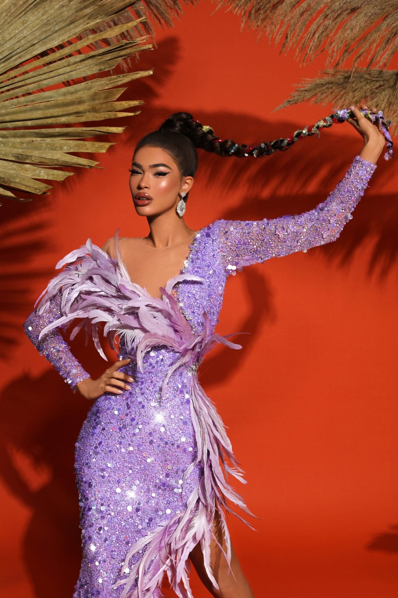 Kapok Long Sleeve Sequin Dress with Feathers Blini Fashion House