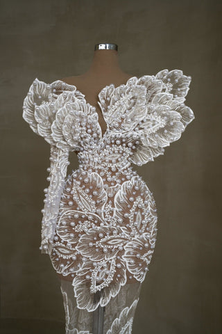 Elegant One-Shoulder Pearl Bridal Gown
