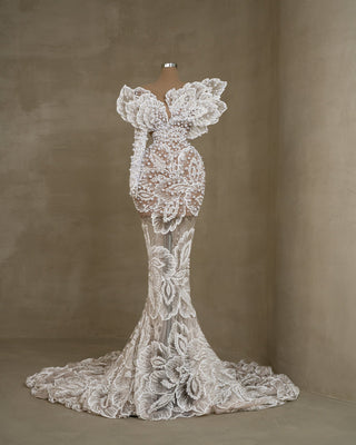 Pearl-Embellished One-Shoulder Wedding Dress