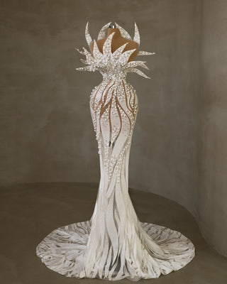 Pearl-Adorned Sleeveless Wedding Dress