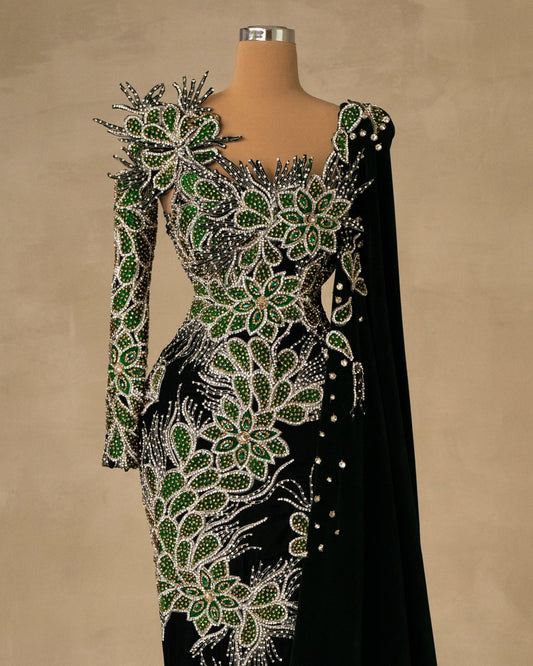 Stunning Velvet Dress with Floral Appliques and Flowing Cape