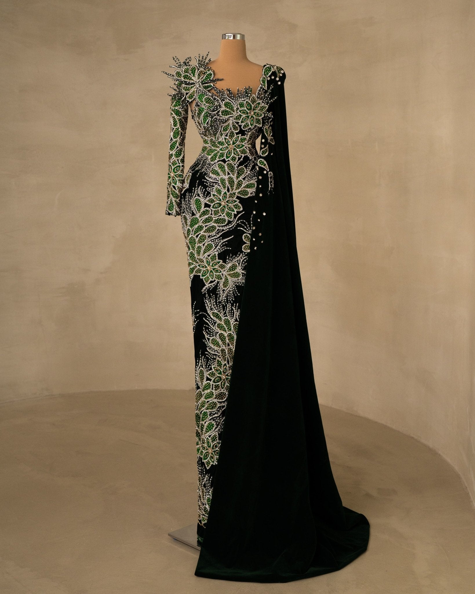 Elegant Velvet Gown Adorned with Flowers and Cape