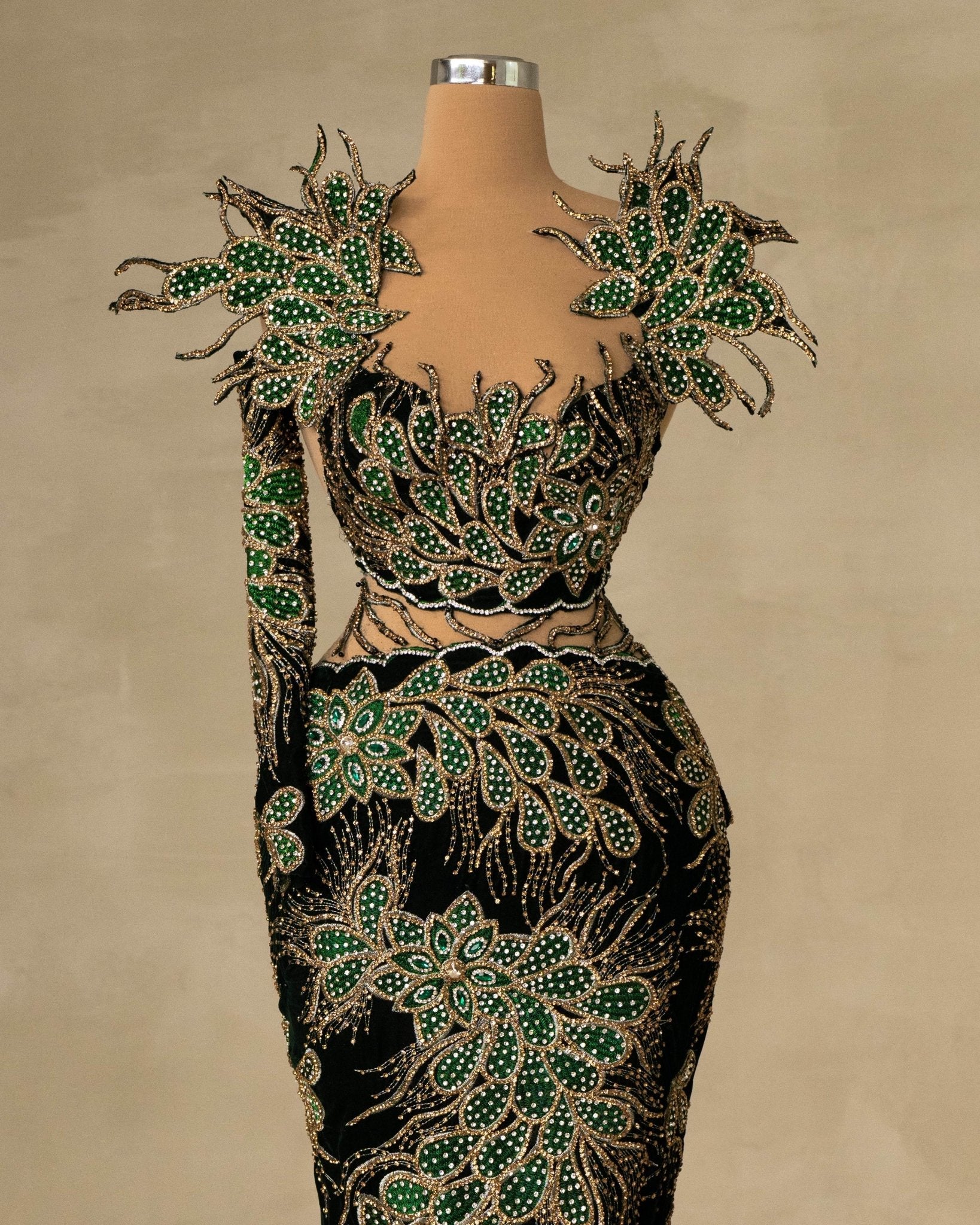 Velvet Dress - Emerald Haute Couture Dress with Stones