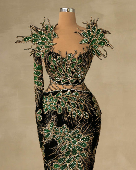 Elegant Velvet Dress with Stone-Adorned Single Shoulder