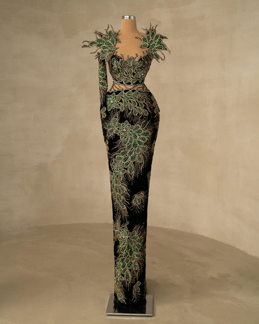 Luxurious Velvet Gown Featuring Embellished One-Shoulder Detail