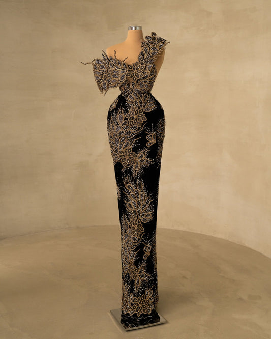 Luxurious Velvet Gown with Stone and Flower Embellishments