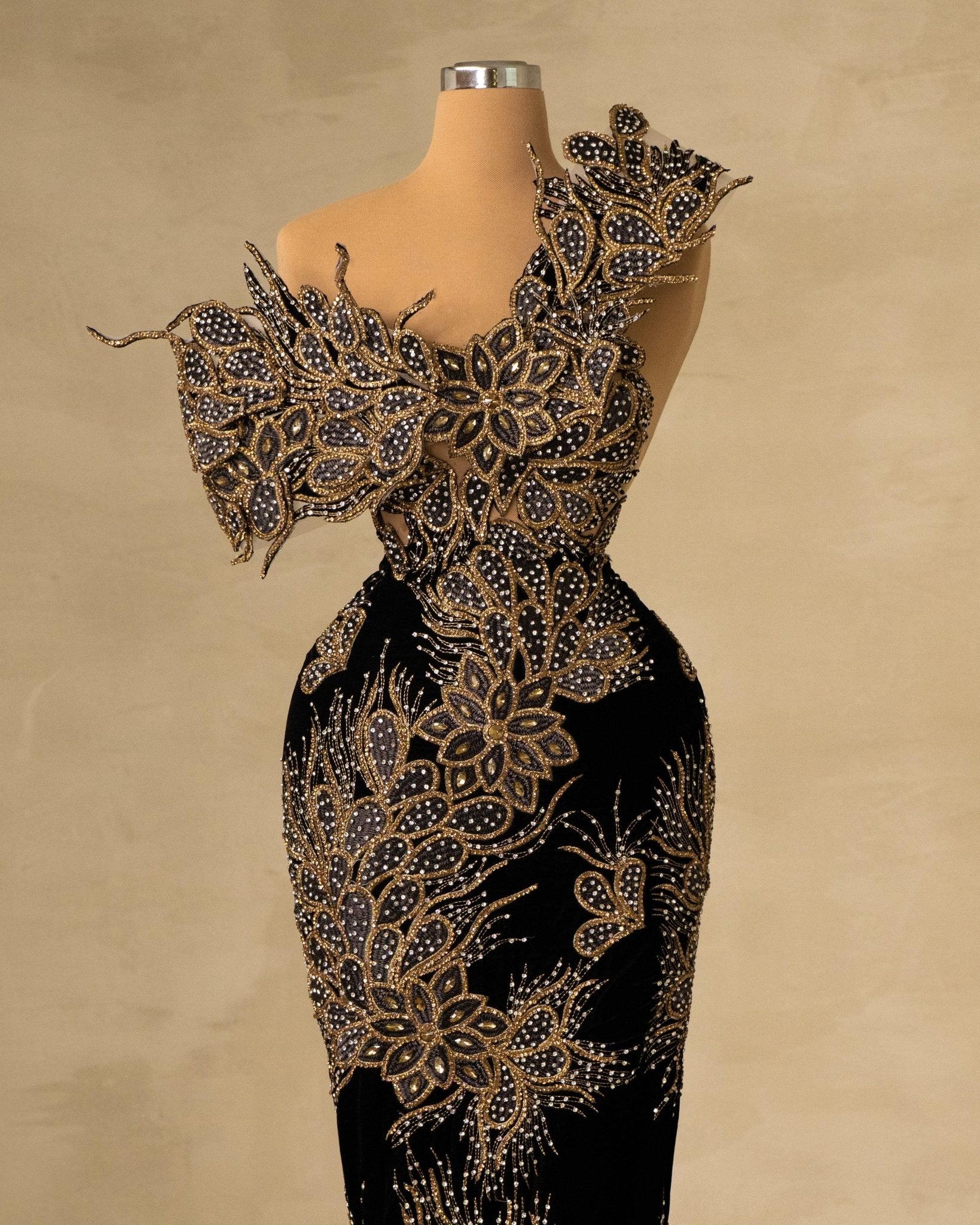 Gorgeous Velvet Dress Adorned with Stones and Floral Accents