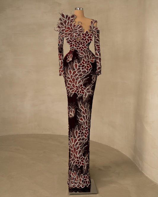 Luxurious Velvet Gown Adorned with Stones and Floral Embellishments