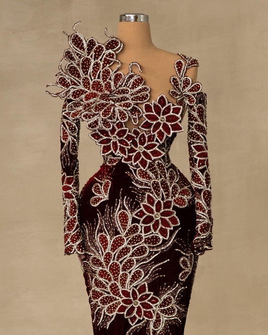 Elegant Velvet Dress with Gemstones and Floral Accents