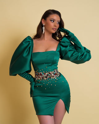 Stylish Short Green Satin Dress with Embellished Waist