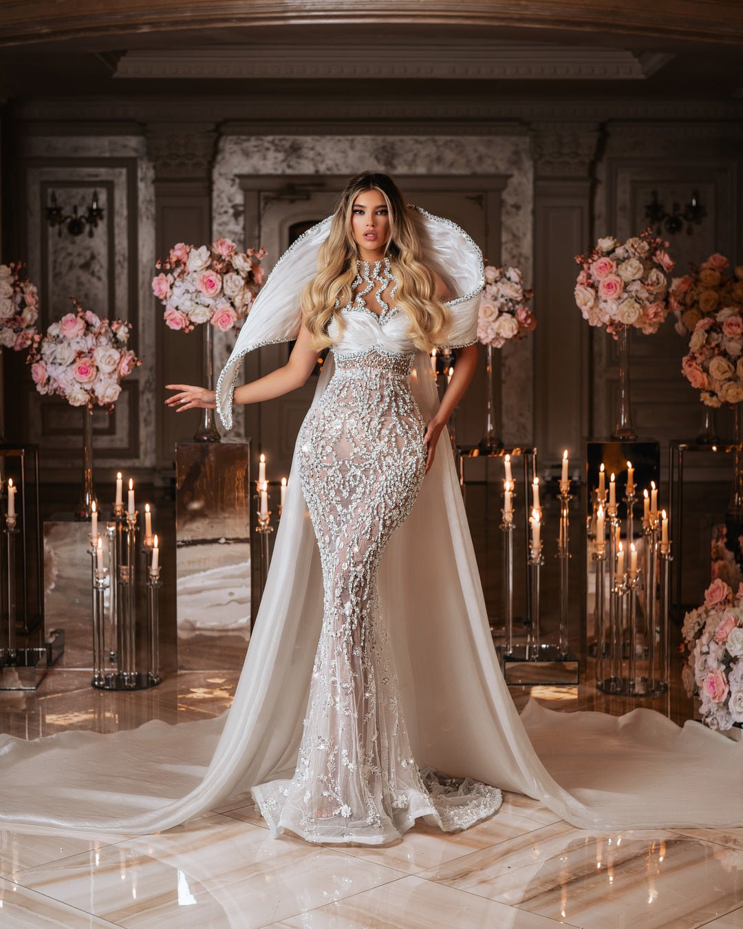 Luxurious Lace Bridal Gown with High Neck Detail