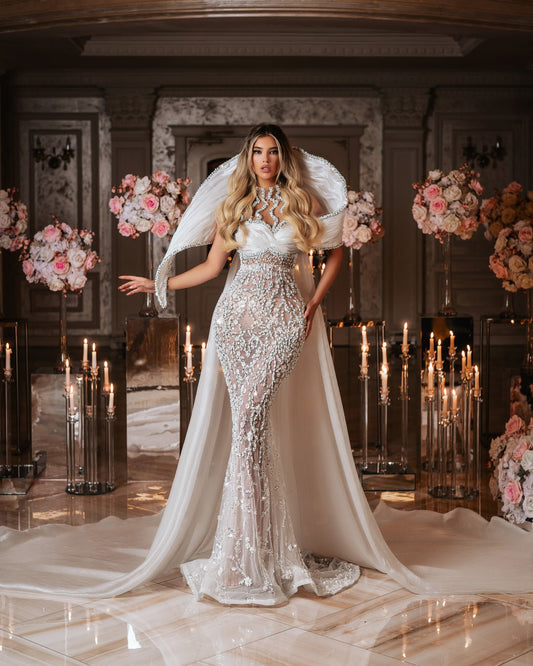 Luxurious Lace Bridal Gown with High Neck Detail