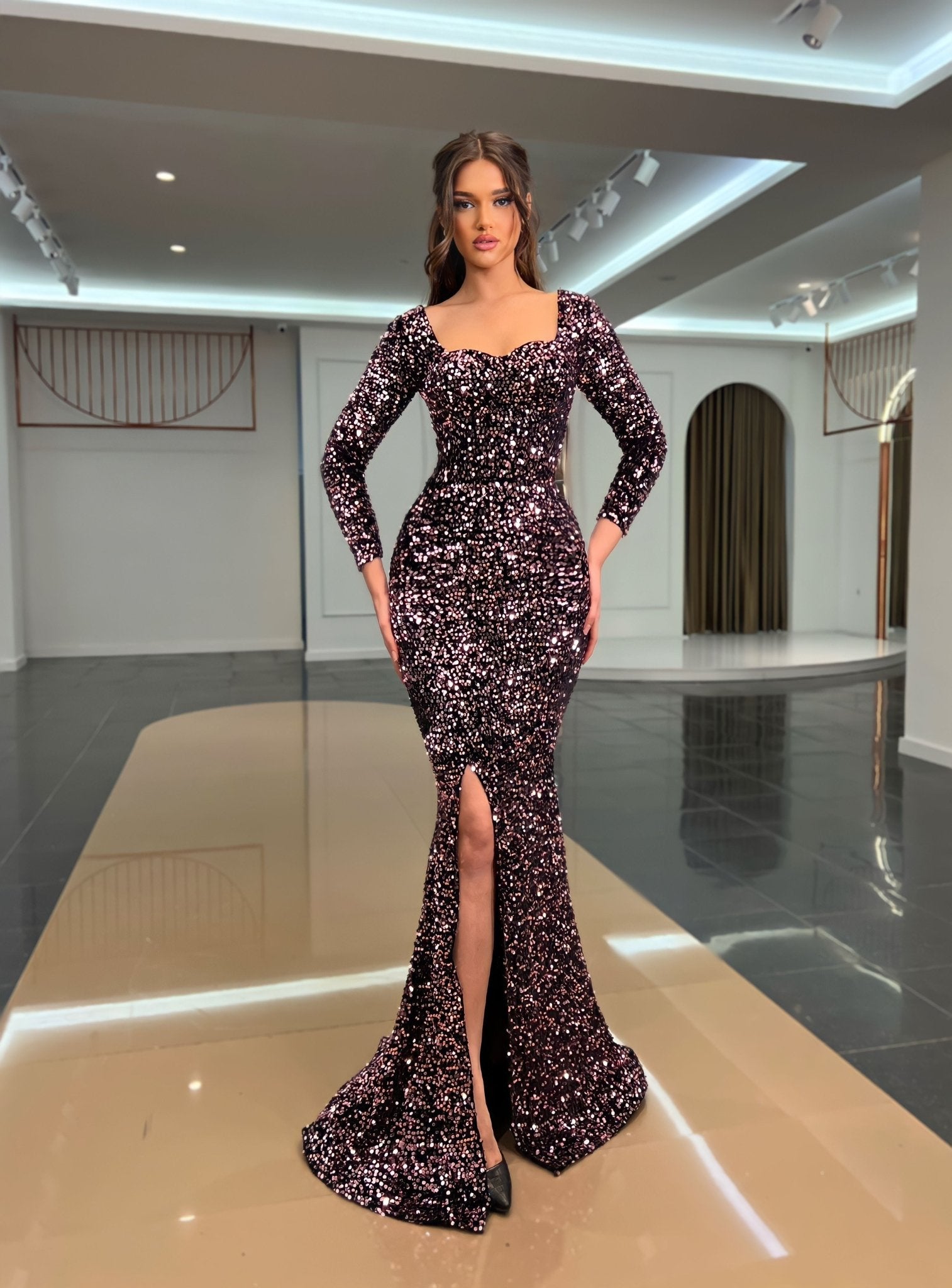 Deep SlitLong DressLong SleevesWomen - Blini Fashion House