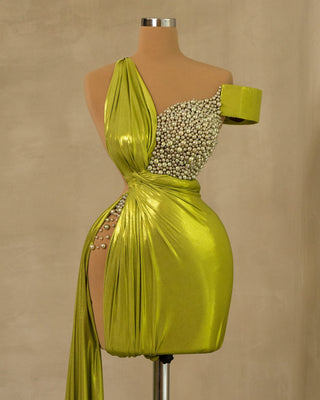 Chic Olive Green Short Dress with Side Tail and Pearl Embellishments - Shop Now