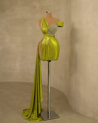 Gorgeous Side Tail Olive Green Dress Adorned with Pearls for Stylish Events