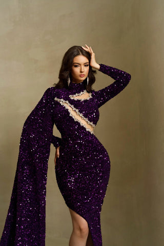 Sparkling Purple Sequin Dress - High-Neck Design for Special Occasions