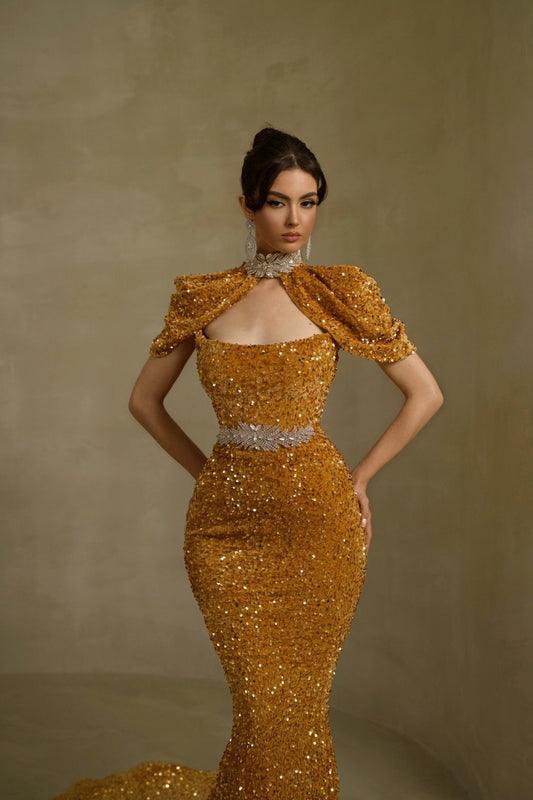 Fashionable Tangerine High Neck Dress with Eye-Catching Details