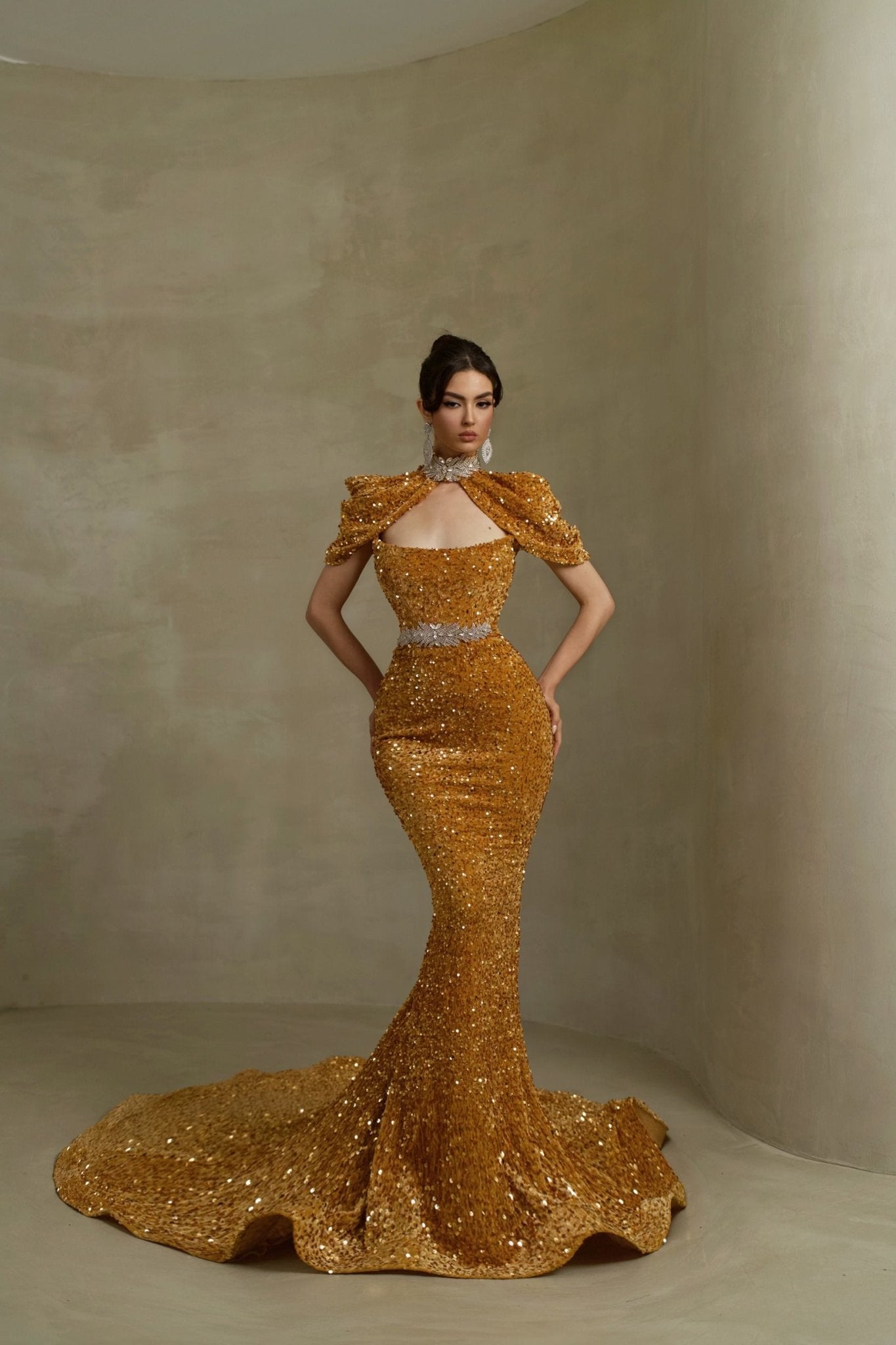 High Neck Full Sleeve Diamond Evening Dress - Evening Dresses, Made To  Order Designer Collection
