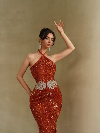 Stunning Sequin Embellished Twist Neck Sleeveless Dress