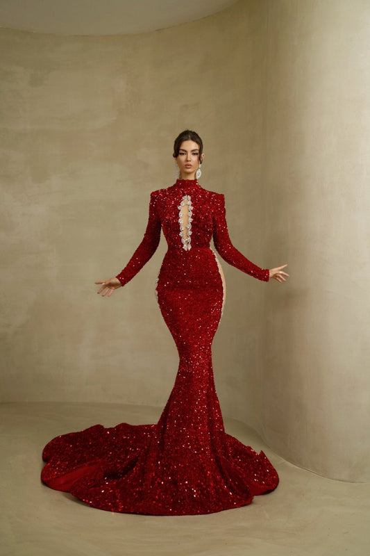 Elegant Red High Neck Mermaid Dress with Flattering Silhouette