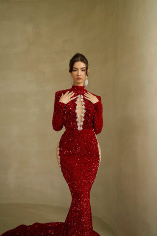 Striking Red High Neck Mermaid Dress with Intricate Detailing