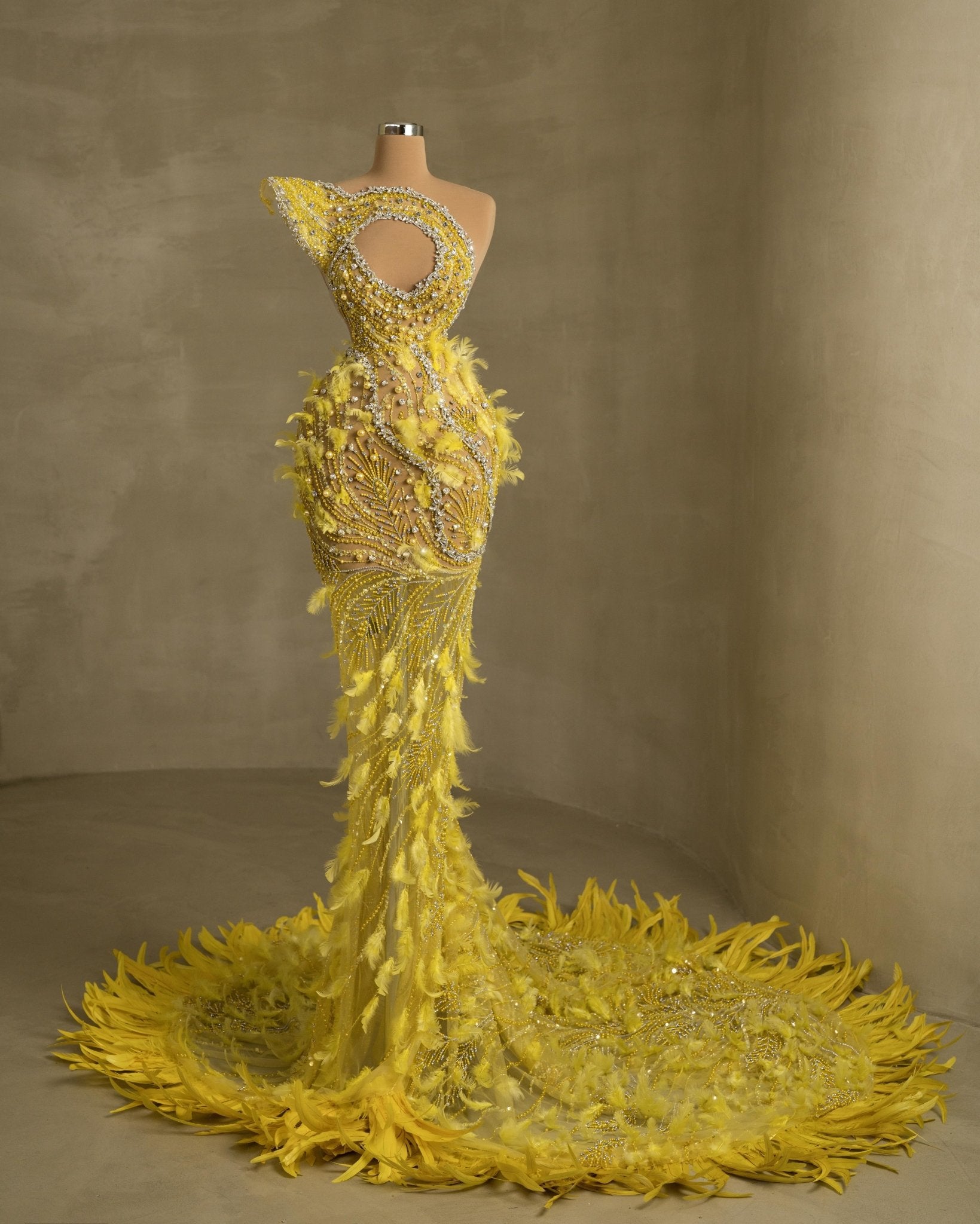 Elegant gown adorned with stones and feather accents