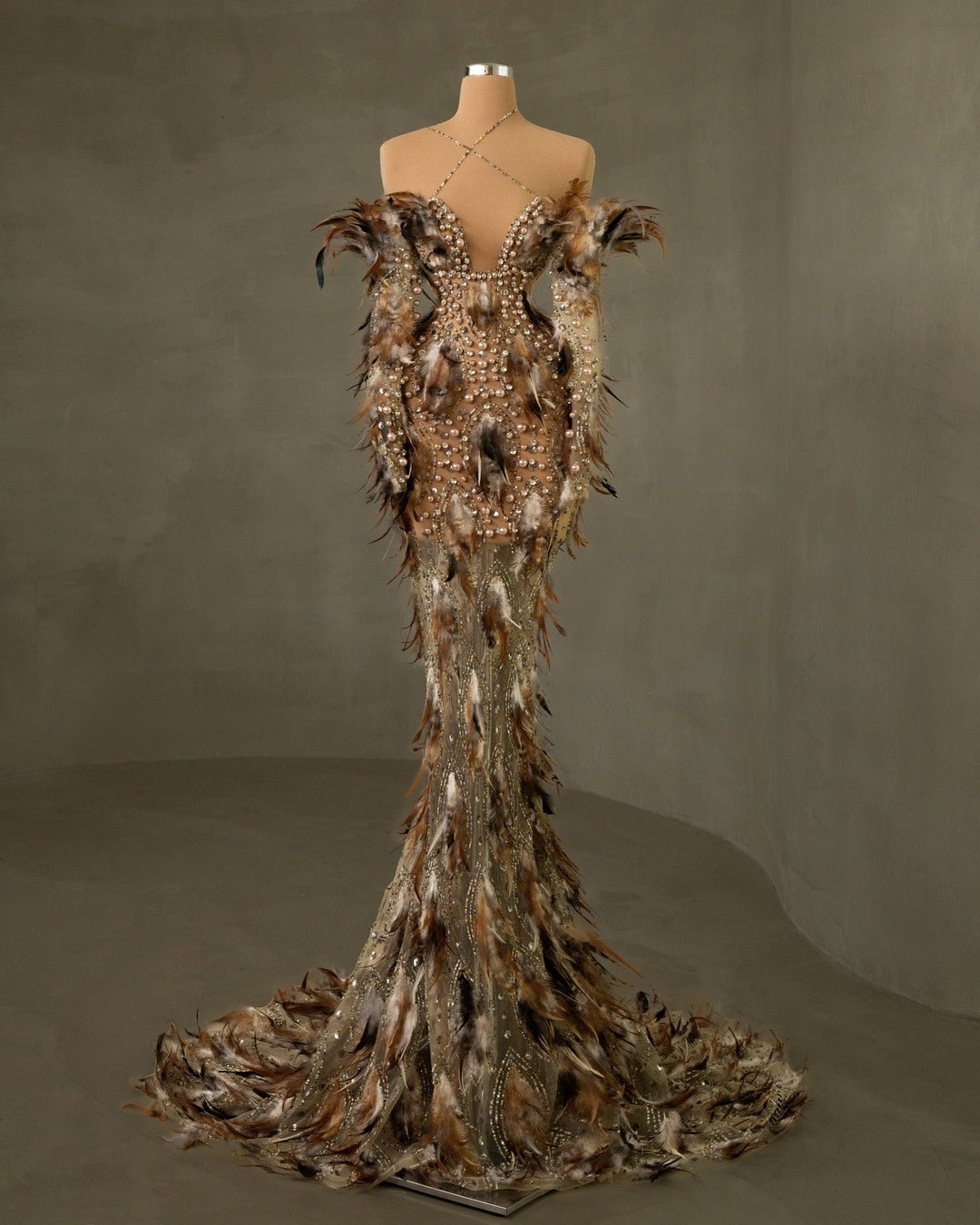 Off-Shoulder Gown with Sequins - Stylish Cross Neck and Exquisite Bead Accents