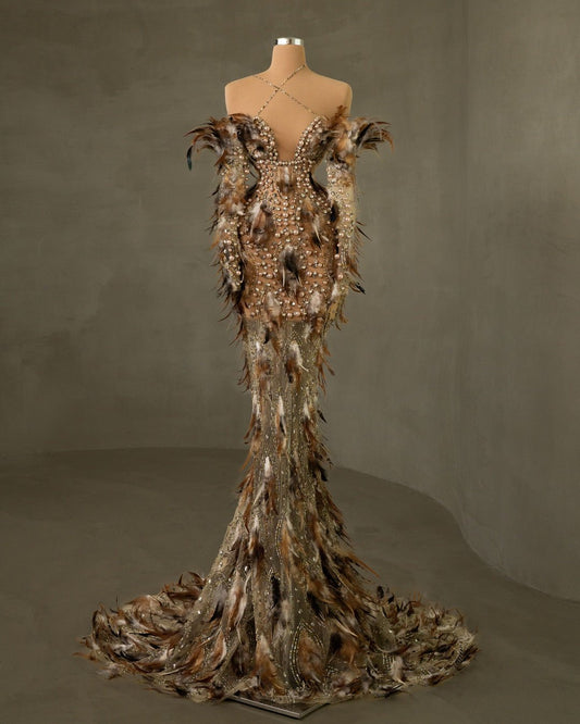 Off-Shoulder Gown with Sequins - Stylish Cross Neck and Exquisite Bead Accents