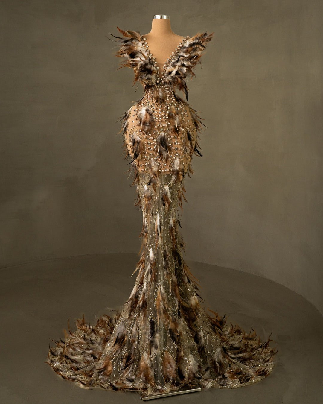 Luxury Lace V Neck Dress - Sequin Embellishments and Feather Accents