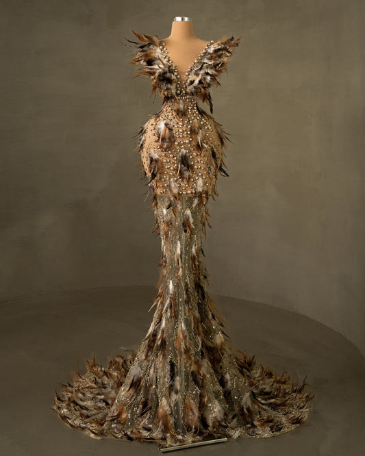 Luxury Lace V Neck Dress - Sequin Embellishments and Feather Accents