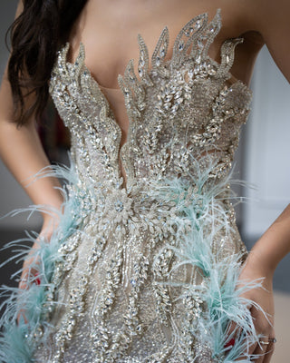 Close-up of Crystal Embellishments on a Sleeveless Lace Evening Dress