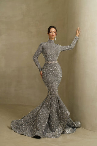 Silver high neck mermaid dress with sequin embellishments