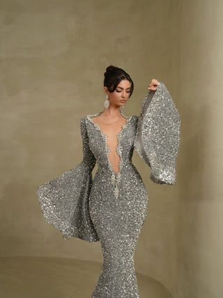 Fashionable Silver Sequin Dress with Cut-in Chest Detail