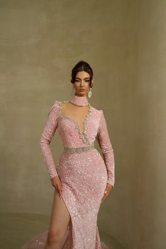 Stylish pink high neck dress with flattering silhouette