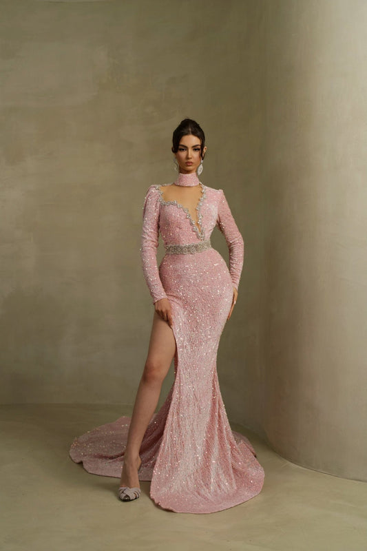 Elegant pink high neck dress with intricate lace details