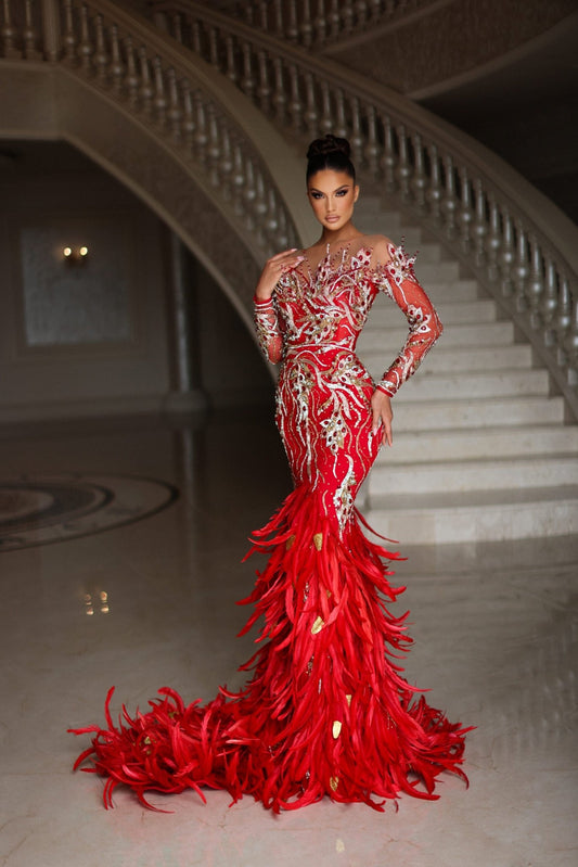 Off shoulder dress with stones and feathers