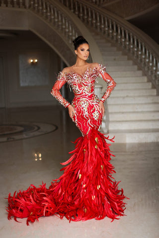 Red off shoulder couture dress