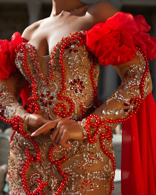 Detailed View of Off Shoulder Dress featuring Side Cape