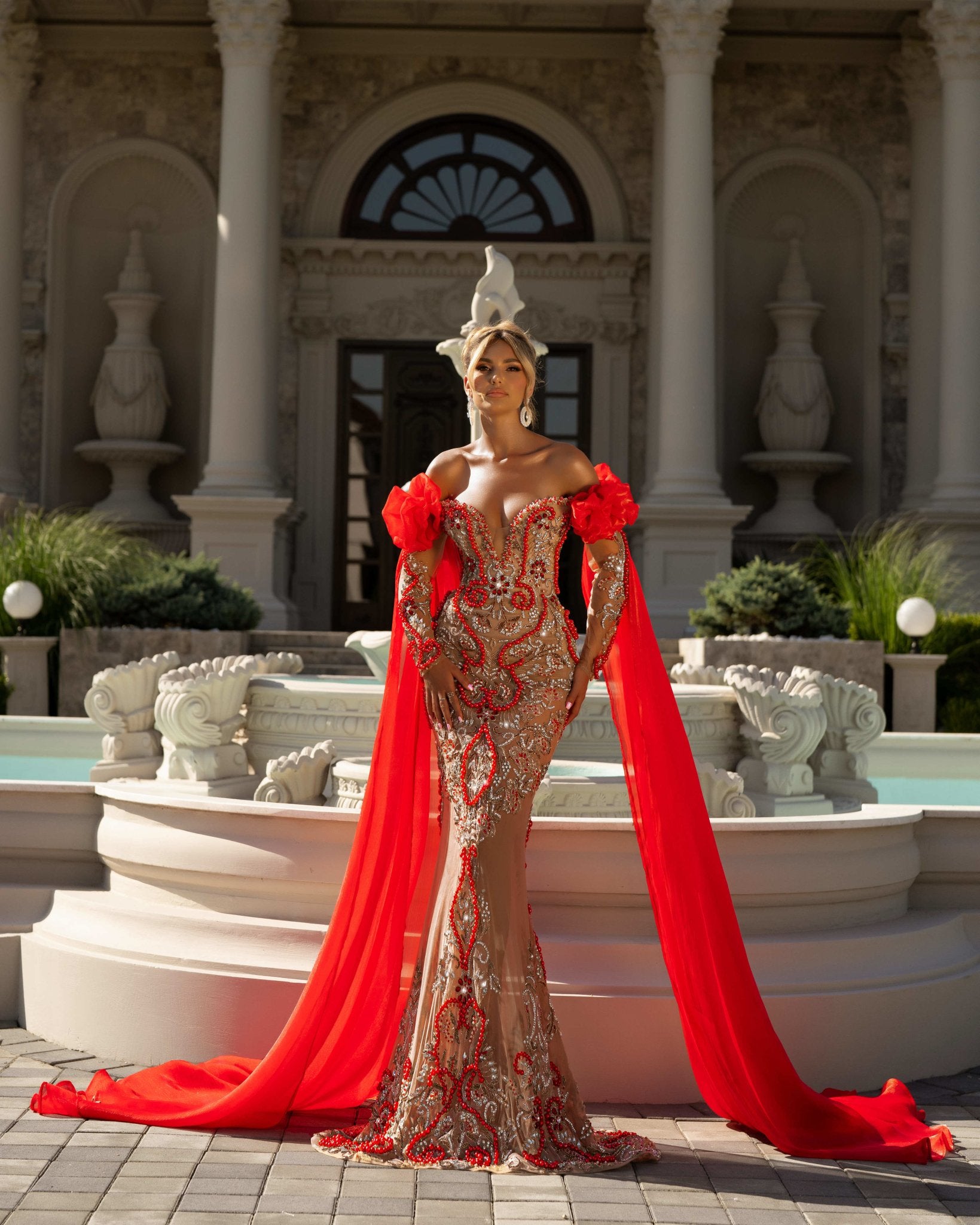 Off Shoulder Dress Side Cape Embellished in Beads Blini Fashion House