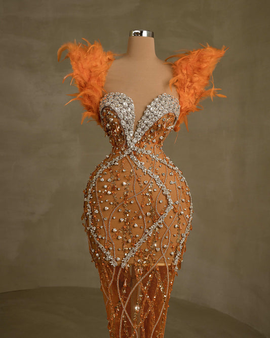 Elegant Dress Embellished with Jewels and Feathery Accents