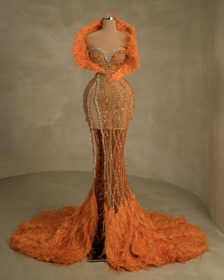 Radiant Orange Deep Slit Dress with Feather Embellishments and Gemstone Accents